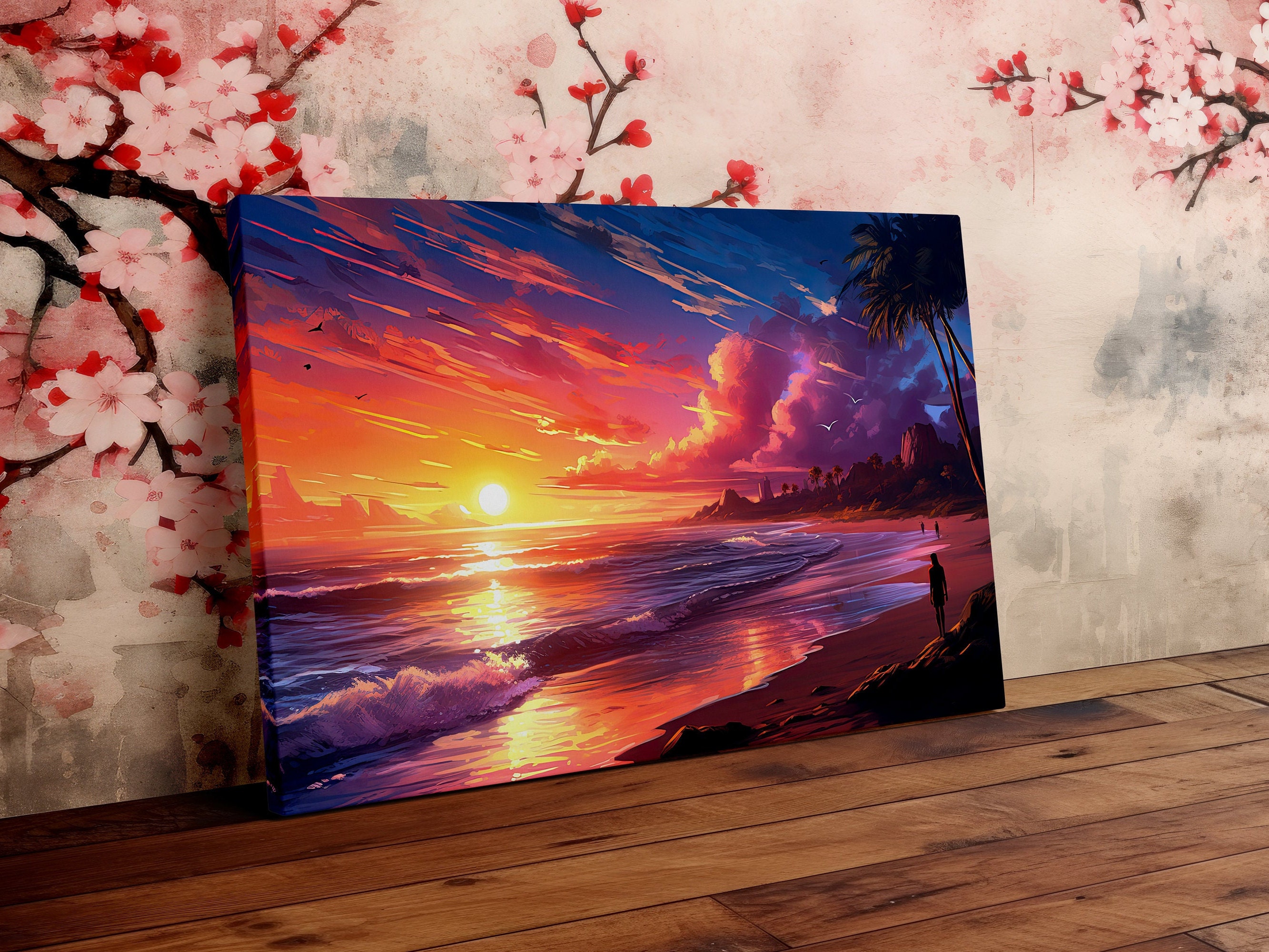 Beautiful Sunset Walk on the Beach, Majestic Landscape, Paradise Art