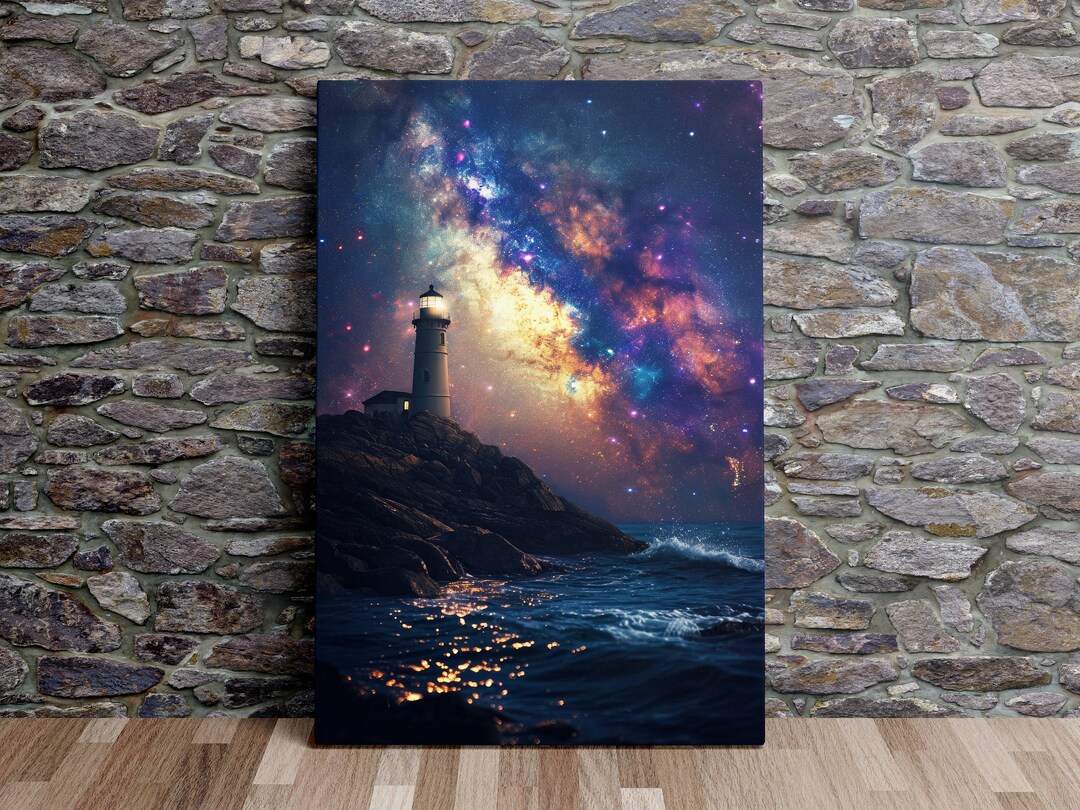 Faro bajo una noche estrellada, arte oceánico, arte galáctico, arte