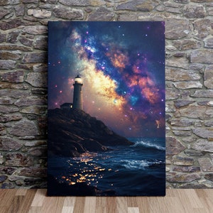 Leuchtturm unter einer sternenklaren Nacht, Ozean Kunst, Galaxy Kunst, Malerische Wandkunst, Leinwand Kunst, Leinwand Druck, fertig zum Aufhängen
