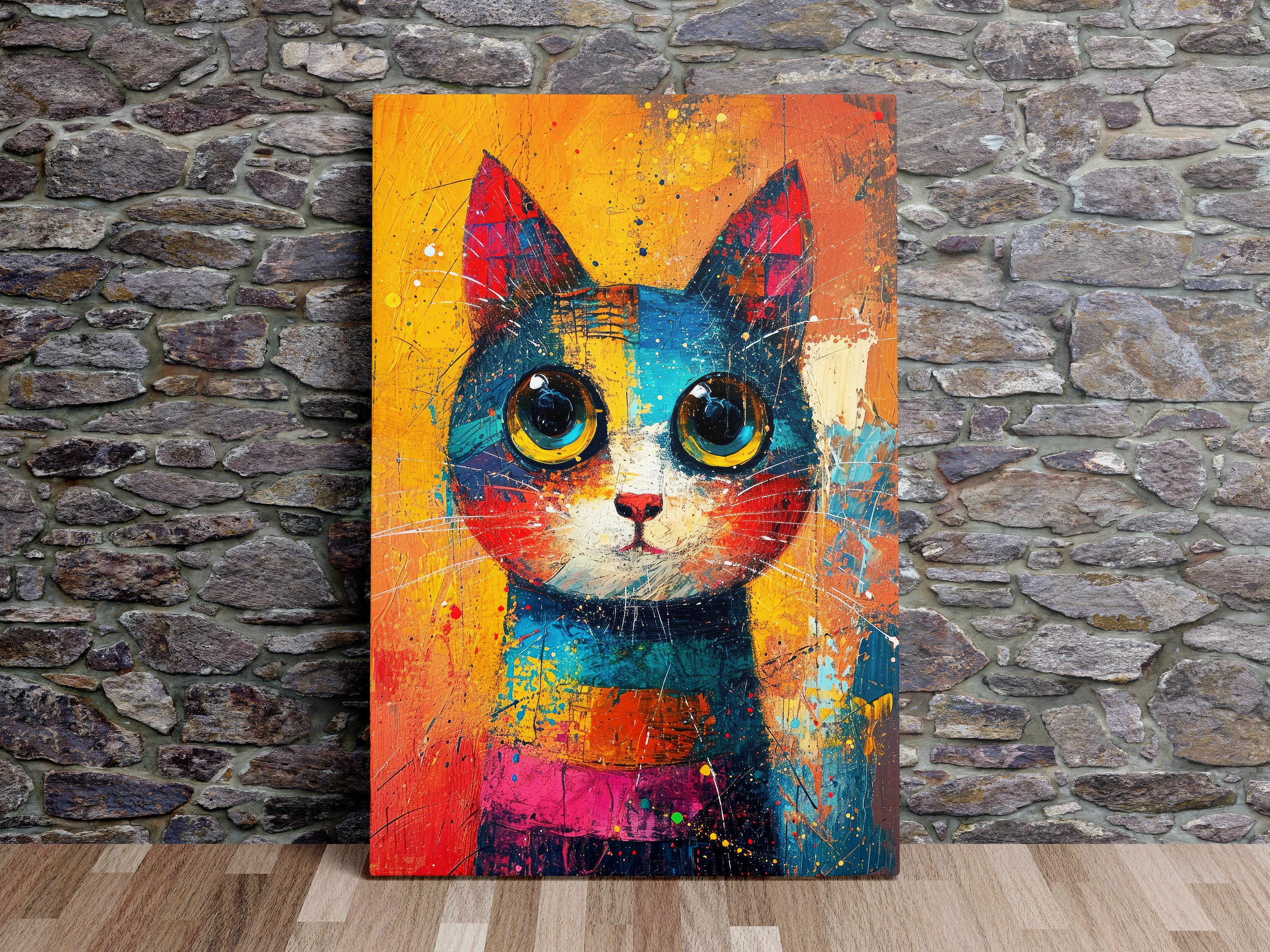 抽象画のかわいいカラフルな猫、抽象アート、猫アート、モダンアート