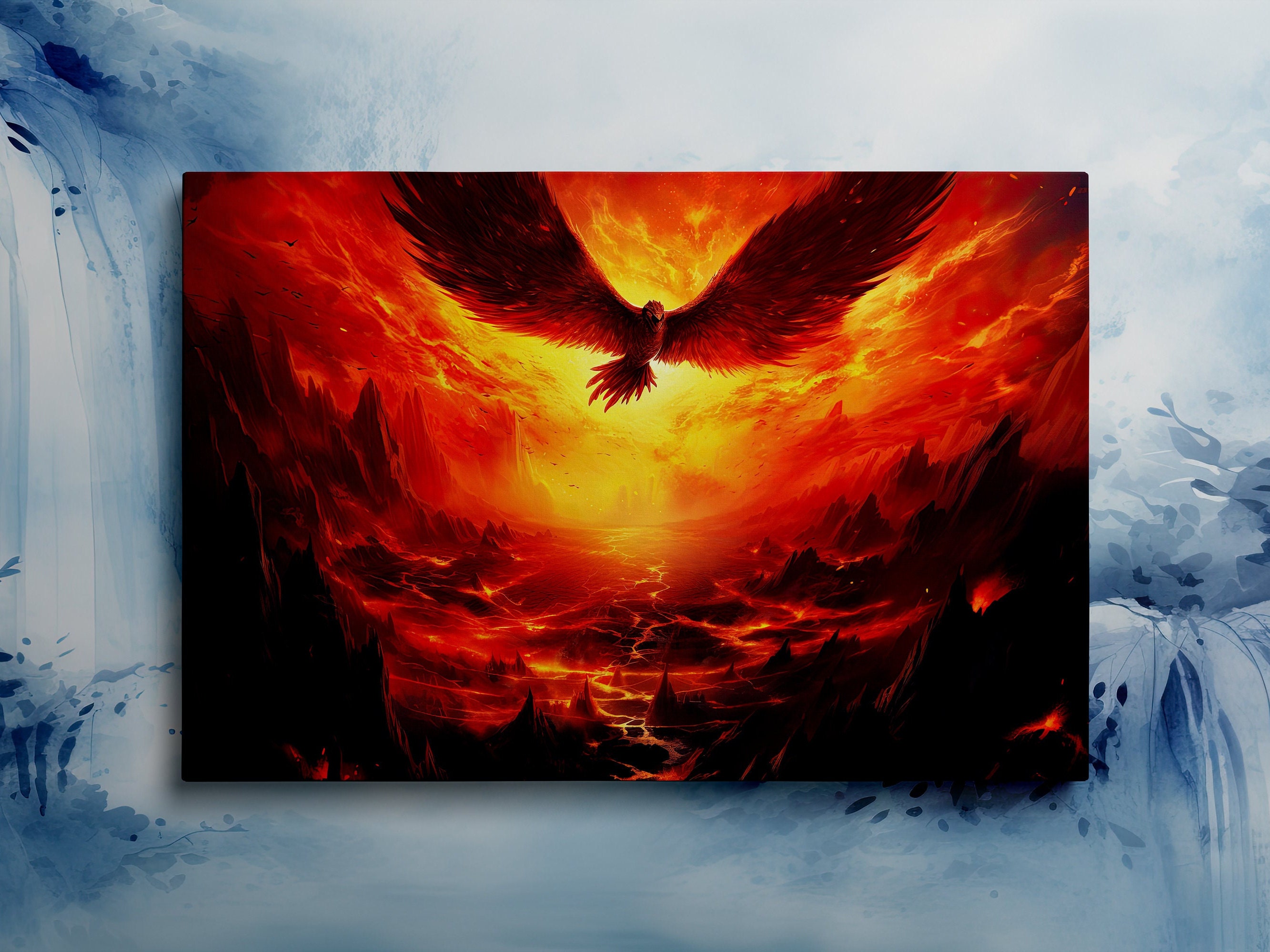 Burning Phoenix Over a Fiery Landscape, Stunning Scenery, Fantasy