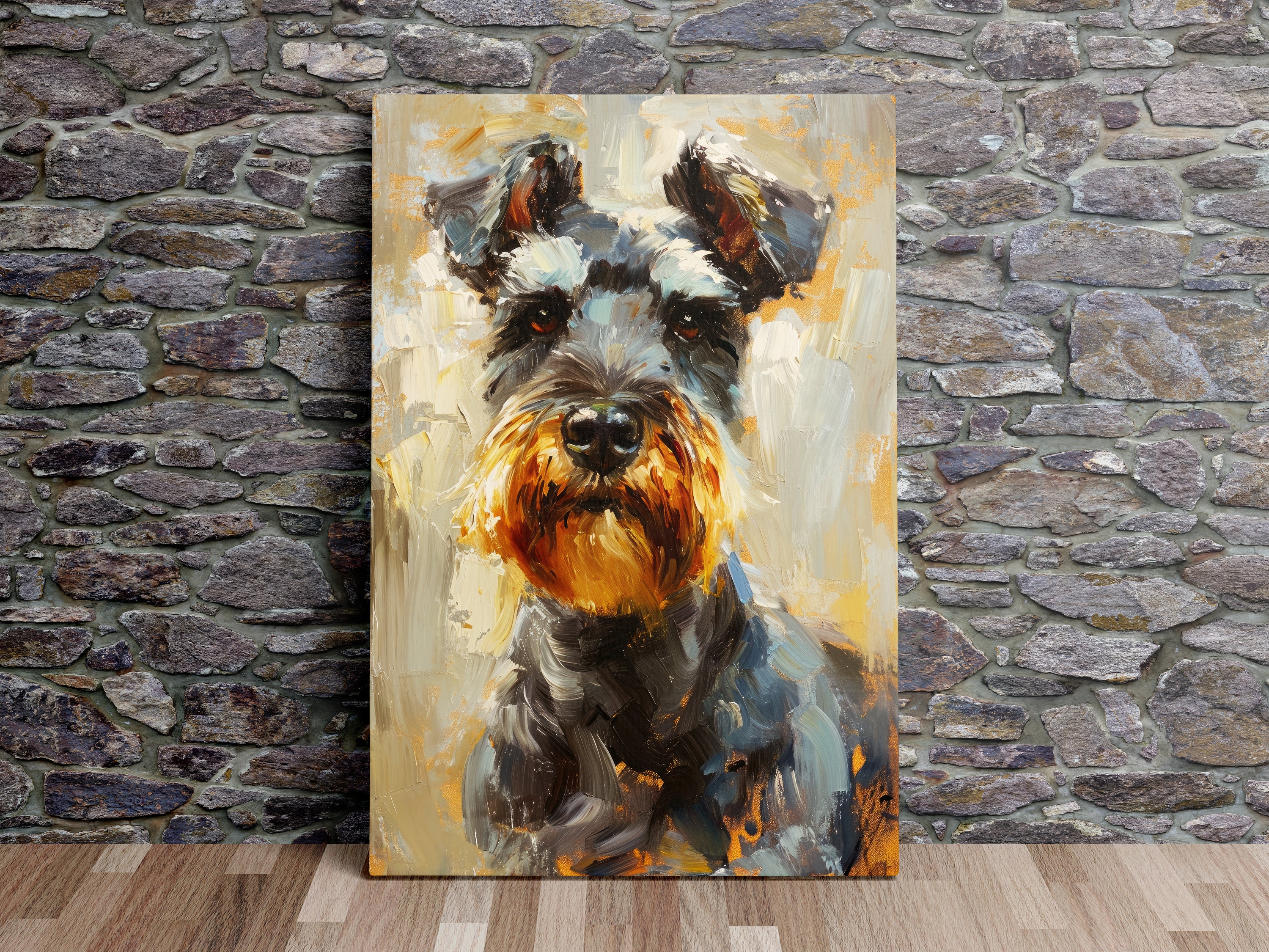 油絵風の忠実なシュナウザー、犬のアート、動物のアート、風景の壁