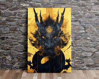 Black Dragon Portrait, Asian Art, Japanese Art, Fantasy Art, Scenic Wall Art, Canvas Art, Canvas Print, Ready to Hang