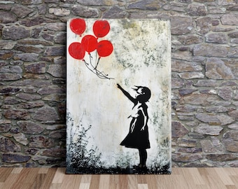 Banksy Style Girl and Her Balloons, Banksy Art, Modern Art, Graffiti Art, Scenic Wall Art, Canvas Art, Canvas Print, Ready to Hang