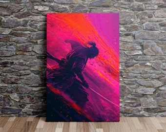 Synthwave Samurai, Japanese Art, Modern Art, Warrior Art, Scenic Wall Art, Canvas Art, Canvas Print, Ready to Hang