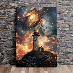 Leuchtturm unter einem Sternenhimmel, Surreal Galaxie Kunst, Weltraum Kunst, Ozean Kunst, Landschaft Wandkunst, Leinwand Kunst, Leinwand Druck, fertig zum Aufhängen
