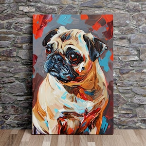 May include: A colorful painting of a pug dog with a light brown, white, and orange fur. The background is a mix of gray, blue, and red.