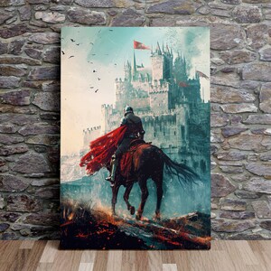 Knight on Horseback Near a Castle, Medieval Art, Warrior Art, Fantasy Art, Scenic Wall Art, Canvas Art, Canvas Print, Ready to Hang