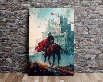 Knight on Horseback Near a Castle, Medieval Art, Warrior Art, Fantasy Art, Scenic Wall Art, Canvas Art, Canvas Print, Ready to Hang