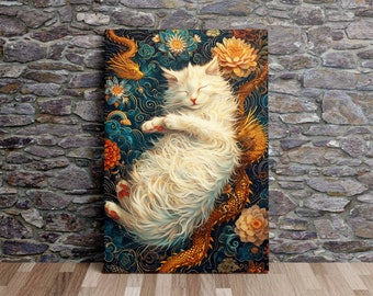 Cat Sleeping with a Serpent, Asian Inspired Art, Nature Art, Scenic Wall Art, Canvas Art, Canvas Print, Ready to Hang