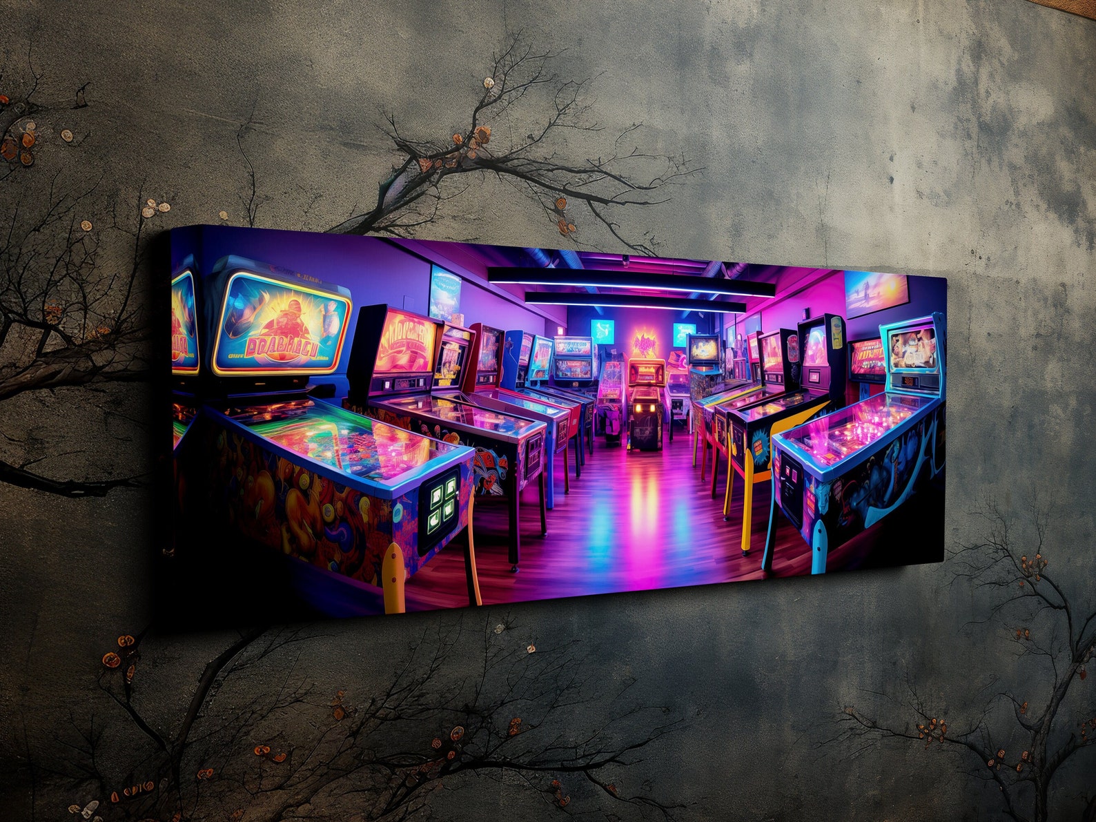 Retro Arcade, Pinball Machines, Game Room Art, Scenic Wall Art, Canvas