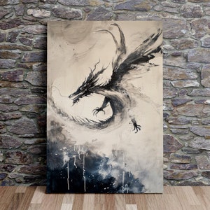 O Dragão Negro Ilusório, Arte do Dragão, Arte da Fantasia, Arte Moderna, Arte Cênica da Parede, Arte em Tela, Impressão em Tela, Pronto para Pendurar