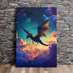 Drachen fliegend in einem sternenklaren Nachthimmel, Fantasy Kunst, Malerische Wandkunst, Leinwandkunst, Leinwanddruck, fertig zum Aufhängen