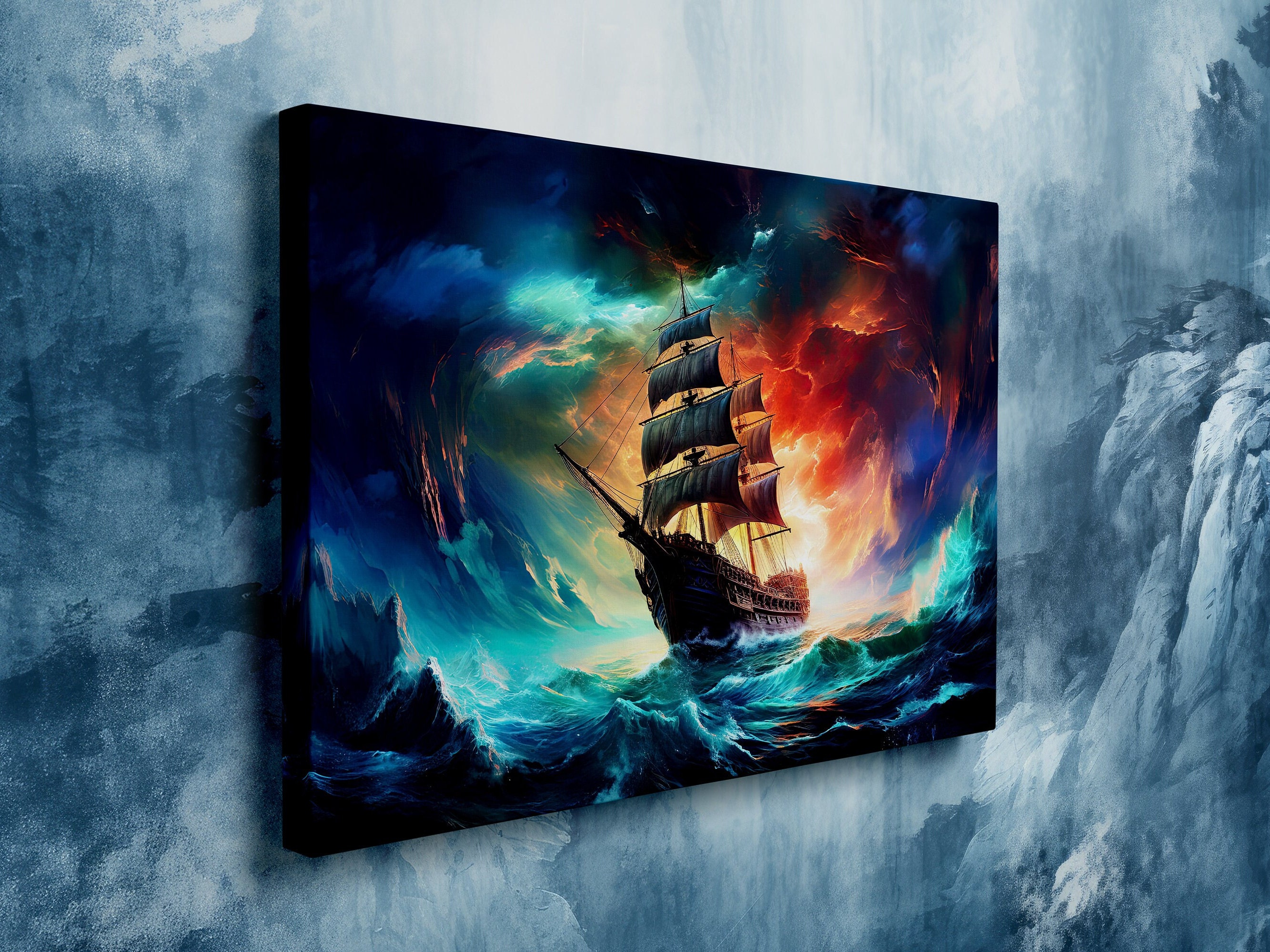 Sailing Ship on Stormy Seas, Majestic Galleon With Mighty Sails