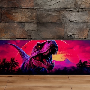 Synthwave T-Rex, Dinosaur Art, Jurassic Park, Scenic Wall Art, Canvas Art, Canvas Print, Ready to Hang