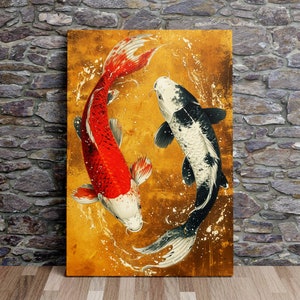 Red and Black Koi Fish Swimming a Pool of Gold, Japanese Art, Asian Art, Scenic Wall Art, Canvas Art, Canvas Print, Ready to Hang