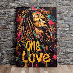 Bob Marley - Arte de fan de One Love, arte inspirador, citas inspiradoras, póster de pared, arte en lienzo, impresión en lienzo, listo para colgar