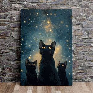 Schwarze Katzen, die zum Sternenhimmel aufschauen, Tierkunst, Katzenkunst, Malerische Wandkunst, Leinwandkunst, Leinwanddruck, fertig zum Aufhängen
