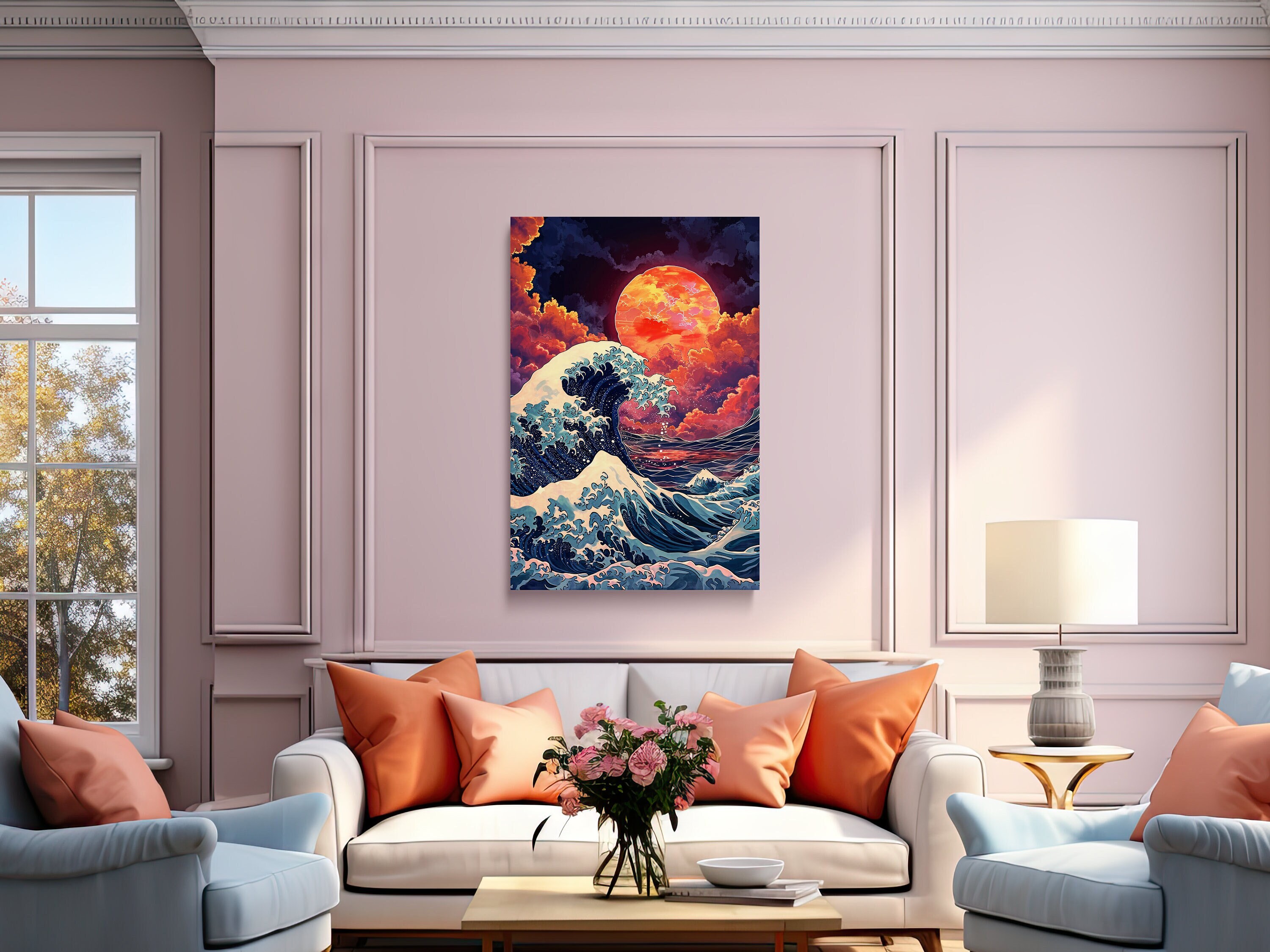 Japanese Waves Under a Red Moon, Asian Art, Japanese Art, Ocean