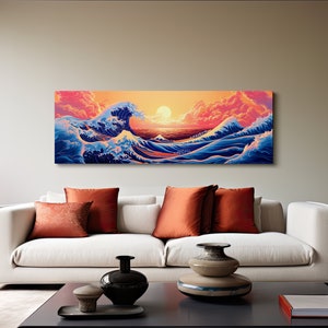 Vibrant Japanese Waves at Sundown, Ocean Art, Japanese Art, Asian Art, Panoramic Wall Art, Canvas Art, Canvas Print, Ready to Hang