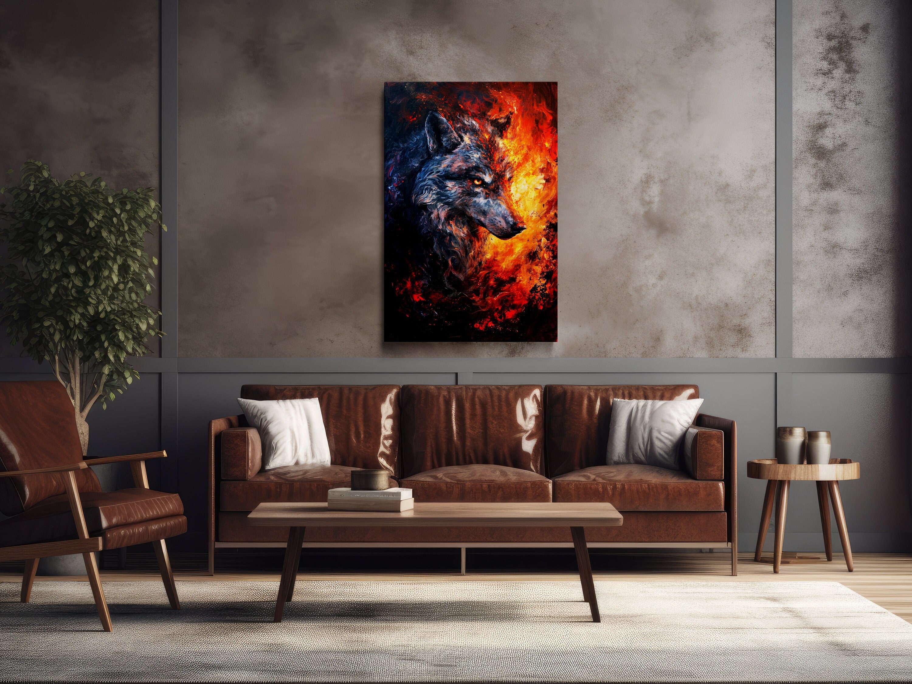 Wolf Facing the Flames, Nature Art, Wolf Art, Scenic Wall Art