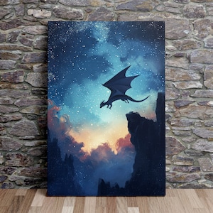 Drachenflug unter einem sternenklaren Nachthimmel, Fantasy Kunst, Drachen Kunst, Malerische Wandkunst, Leinwandkunst, Leinwanddruck, fertig zum Aufhängen