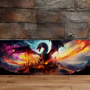 O dragão e o castelo, arte medieval, arte de fantasia, arte de parede cênica, arte em tela, impressão em tela, pronto para pendurar