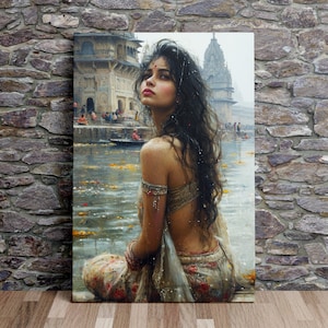 Beautiful Girl on the Ganges River, Indian Art, Meditation Art, Scenic Wall Art, Canvas Art, Canvas Print, Ready to Hang
