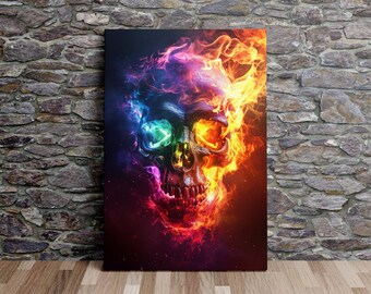 Flaming Skull in Radical Colors, Skull Art, Modern Art, Digital Print on Canvas, Scenic Wall Art, Canvas Art, Canvas Print, Ready to Hang