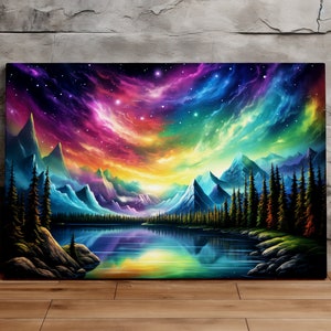 Luzes psicodélicas do norte sobre montanhas, Aurora Boreal, arte de meditação, arte cênica de parede, arte em tela, impressão em tela, pronta para pendurar
