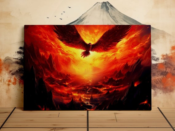 Burning Phoenix Over a Fiery Landscape, Stunning Scenery, Fantasy