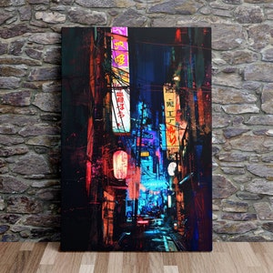 Japanese Alley at Night, Modern Art, Digital Print on Canvas, Scenic Wall Art, Canvas Art, Canvas Print, Ready to Hang