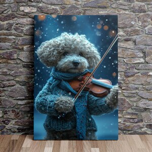 Poodle Playing Violin in the Snow, Dog Art, Digital Print on Canvas, Scenic Wall Art, Canvas Art, Canvas Print, Ready to Hang