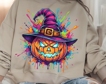 Halloween Witch Hat Pumpkin PNG, Vibrant Splatter Art (Digital Download)