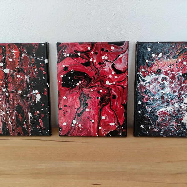 Bilder in Acryl-Gieß-Technik, Acrylic Pouring ,TRIO, Rot-Weiß-Schwarz, UNIKATE