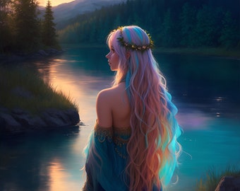 Lakeside Elf: Enchanted Fantasy Watercolor Portrait - Beautiful Woman, Mythical Art for D&D, Magical Decor, Print, Digital Download