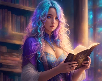 Stunning Librarian: Enchanted Fantasy Watercolor Portrait - Beautiful Woman, Mythical Art for D&D, Magical Decor, Print, Digital Download