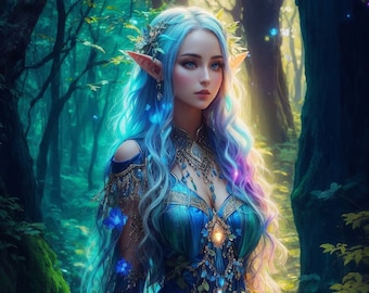 Mystical Elf: Enchanted Fantasy Watercolor Portrait - Beautiful Woman, Mythical Art for D&D, Magical Decor, Print, Digital Download