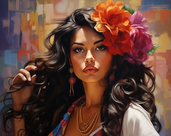 May include: A woman with long, dark brown hair wears a white shirt and a colorful scarf. She has a large flower crown in her hair with red and pink flowers.