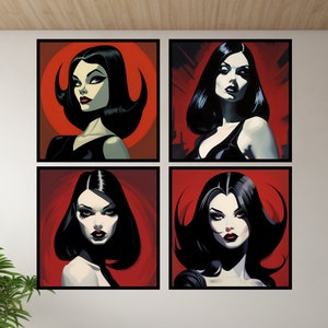 Retrato gótico feminino História em quadrinhos Estilo desenho animado Ilustrações Impressão instantânea Download digital acessível Decoração de parede Conjunto de arte de QUATRO
