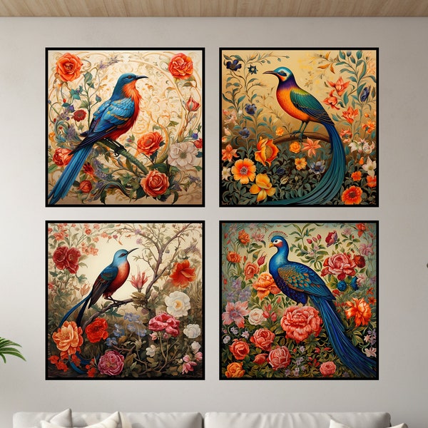 FOUR Bird and Flower Digital Prints Gol-O-Morgh Islamic Persian Norooz Instant Printable Digital Download Affordable Wall Decor Botanical