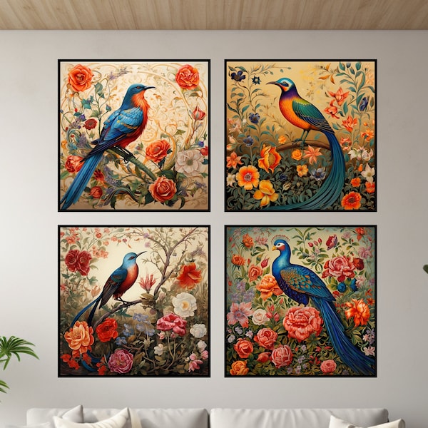 FOUR Bird and Flower Wall Decor Gol-O-Morgh Persian Islamic Artwork Instant Affordable Digital Download Islamic Iranian Art Norooz Prints