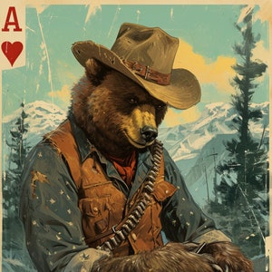 Dieci animali retrò vintage carte da gioco stile arte murale stampabile istantaneamente download digitale arredamento per la casa orso grizzly procione alligatore