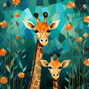 Giraffe Illustration Set Of FOUR Teal And Gold Instant Printable Digital Download Affordable Wall Decor For Children, Nursery Artwork Prints