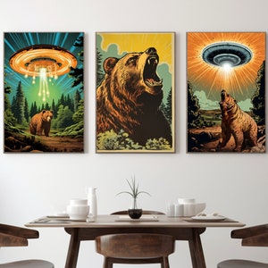 Digital Download Affordable Artwork Triptych Three Images Extra-terrestrial Grizzly Brown Bear UFO Unidentified Flying Object Graphics