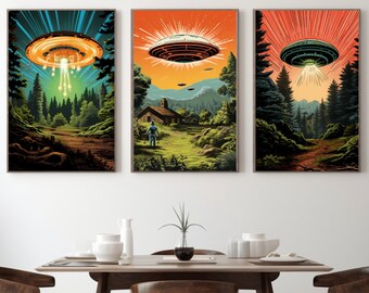 Tríptico OVNI de ciencia ficción retro con descarga digital: arte vibrante estilo cómic cósmico para decorar paredes.