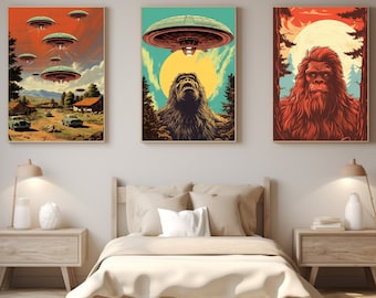 Retro UFO and Sasquatch 1950s Comic Art Alien Encounters Vintage Sci-Fi Space Humour Affordable Digital Download Wall Art
