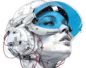 May include: A white and blue futuristic helmet with a visor and red wires. The helmet is detailed with intricate lines and patterns.