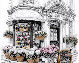 ACHT französischer Blumenmarkt Digitale Illustrationen Set, große quadratische Bleistift Kunstdrucke, 8 digitale Bilder des französischen Blumenmarktes
