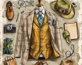 8 Vintage Gentleman Accessoires digitale Kunstwerk, große Poster Wandkunst, stilvoller Anzug und Accessoires Illustration, druckbare Kunst